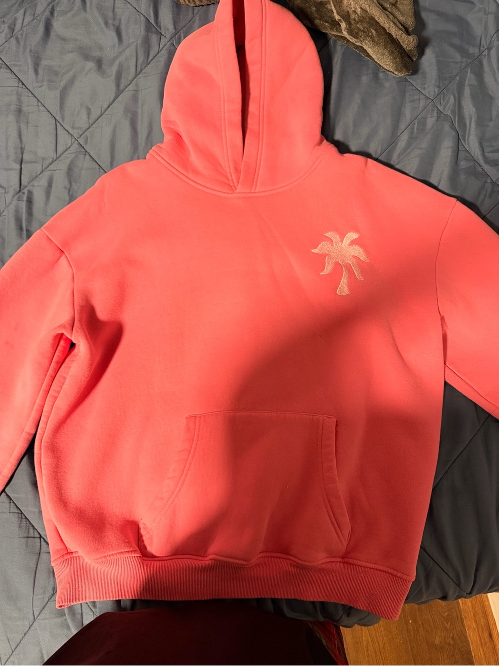 Off-the-Shoulder Coral Pink Hoodie Sweatshirt with Palm Embroidery